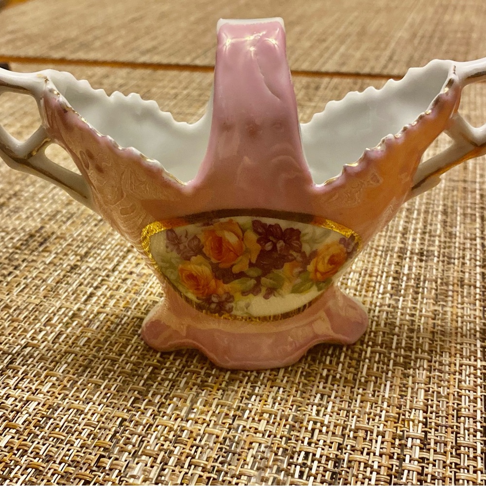 GERMAN PORCELAIN BASKET Hand painted Roses & Gold Leaf